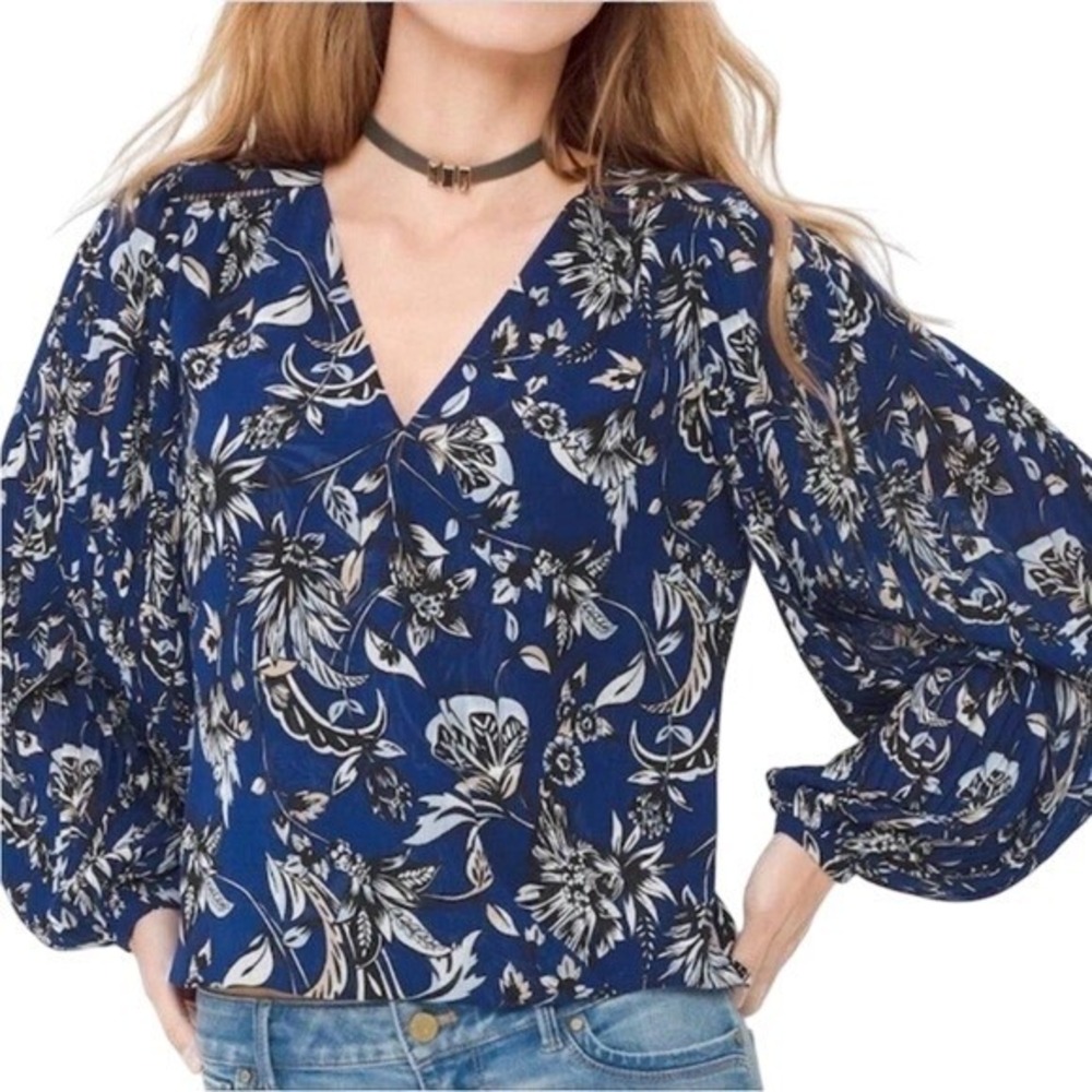 WHITE HOUSE BLACK MARKET Iris Navy/Black Floral Wrap Surplice Blouse NWT Size 4